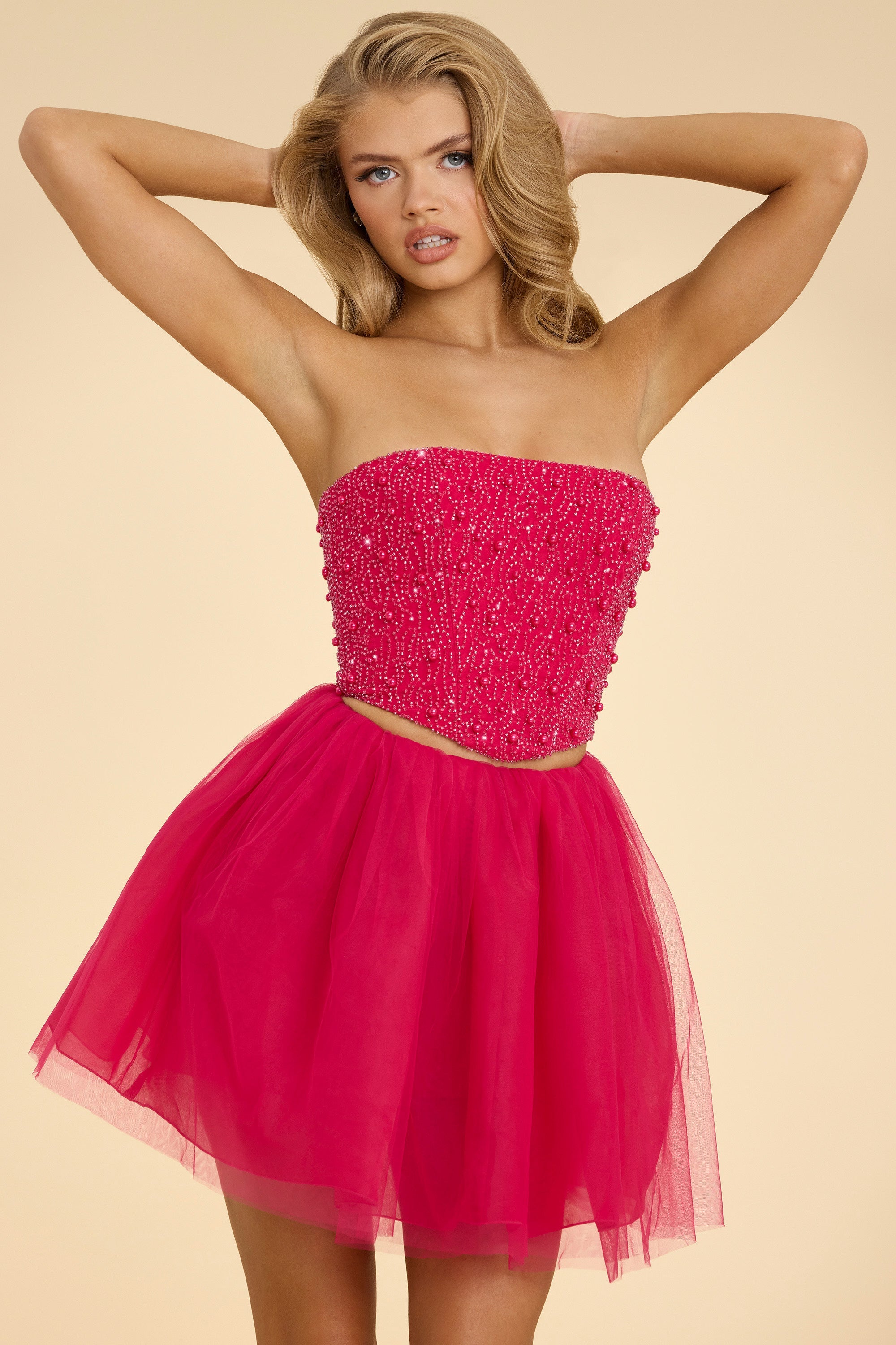 High Waist Tulle Mini Skirt in Hot Pink