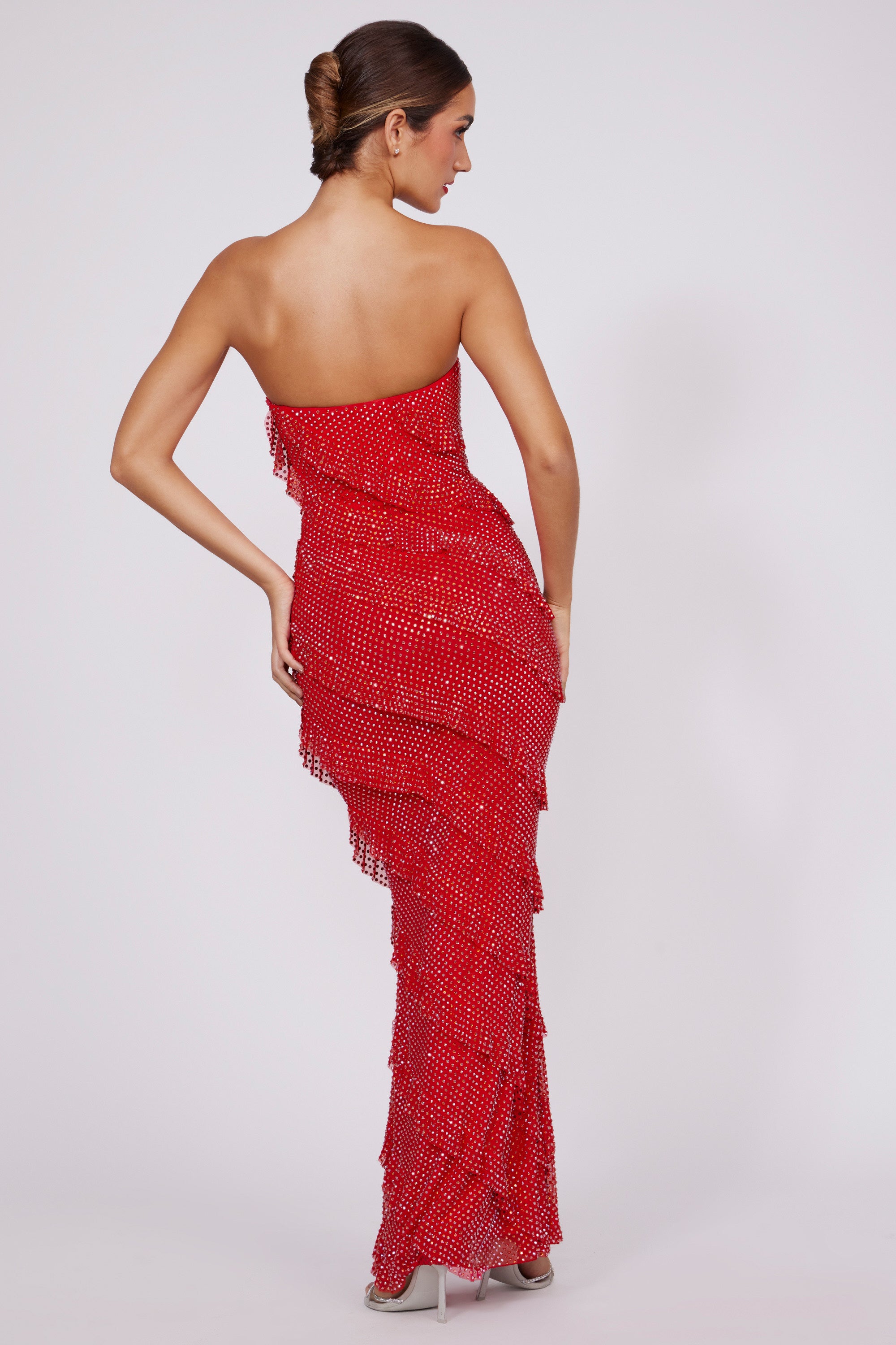 Embellished Strapless Ruffle Maxi Dress in Fire Red