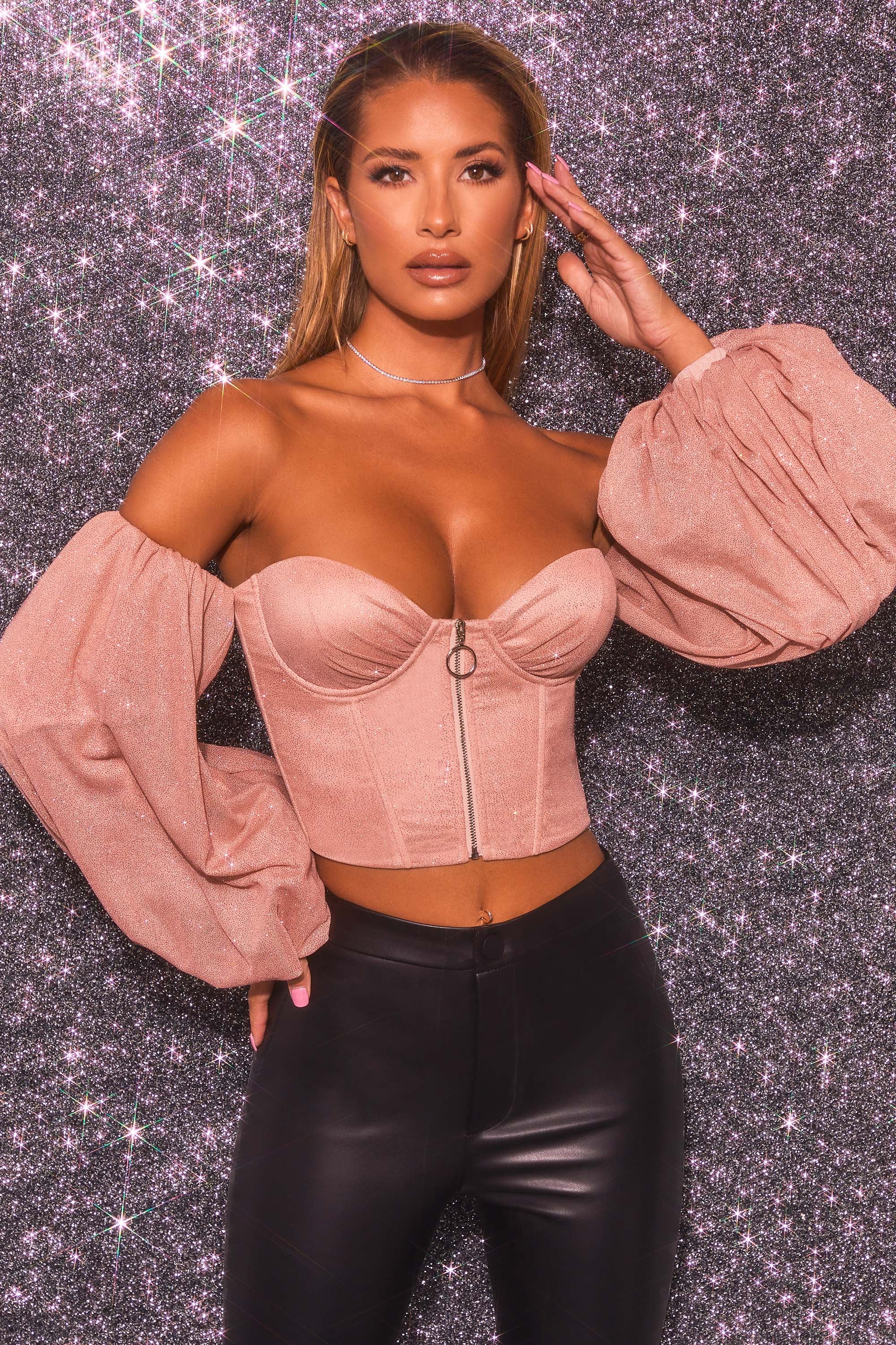 Keep On Shining Bardot Puff Sleeve Crop Top in Rose Gold