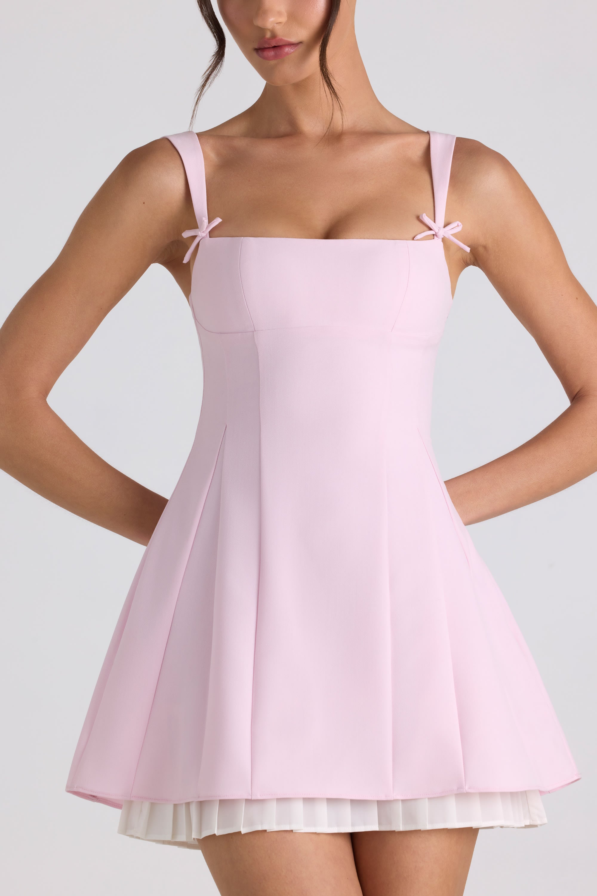 Bow-Detail Pleated A-Line Mini Dress in Soft Pink