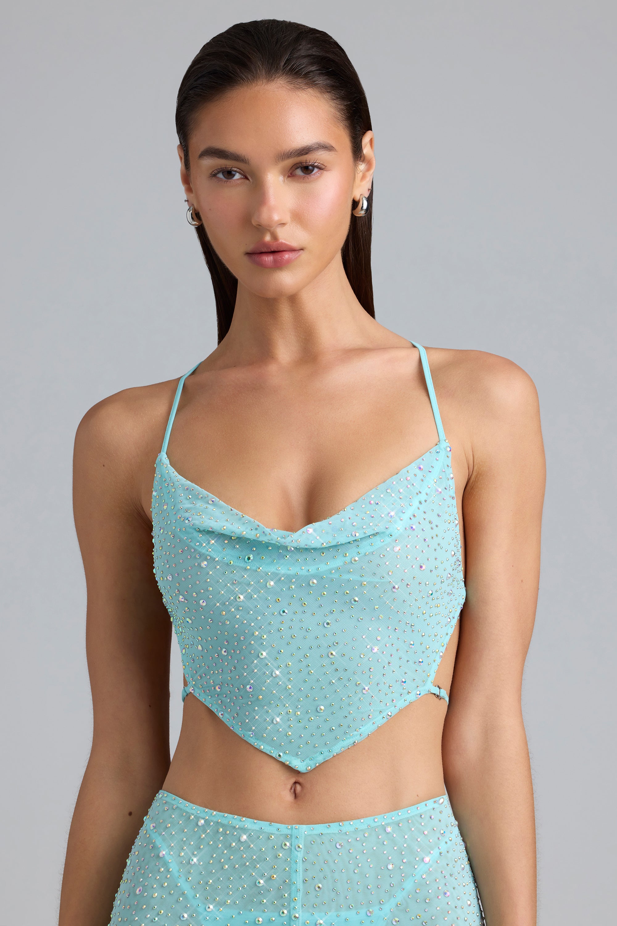 Embellished Cowl-Neck Crop Top in Ice Blue