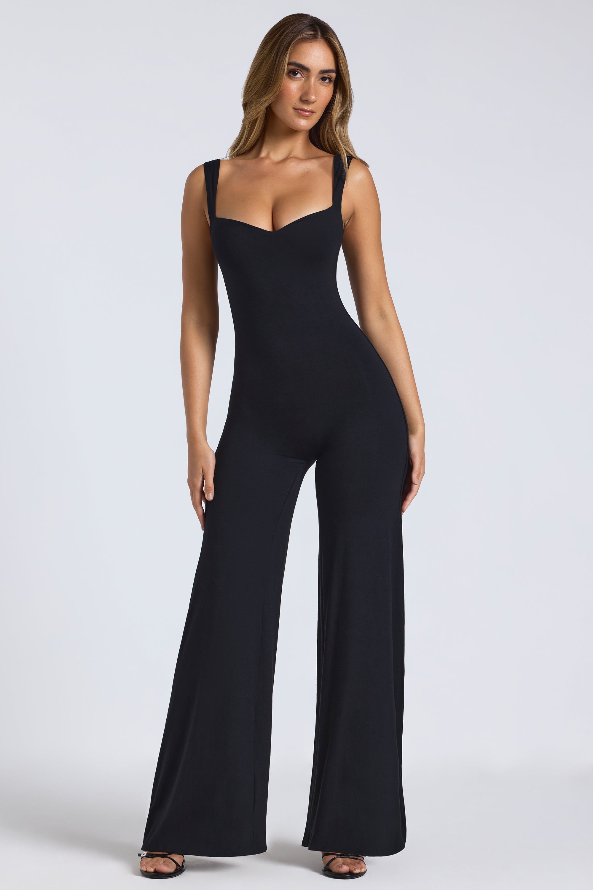 Petite Modal Sweetheart Neckline Wide Leg Jumpsuit in Black