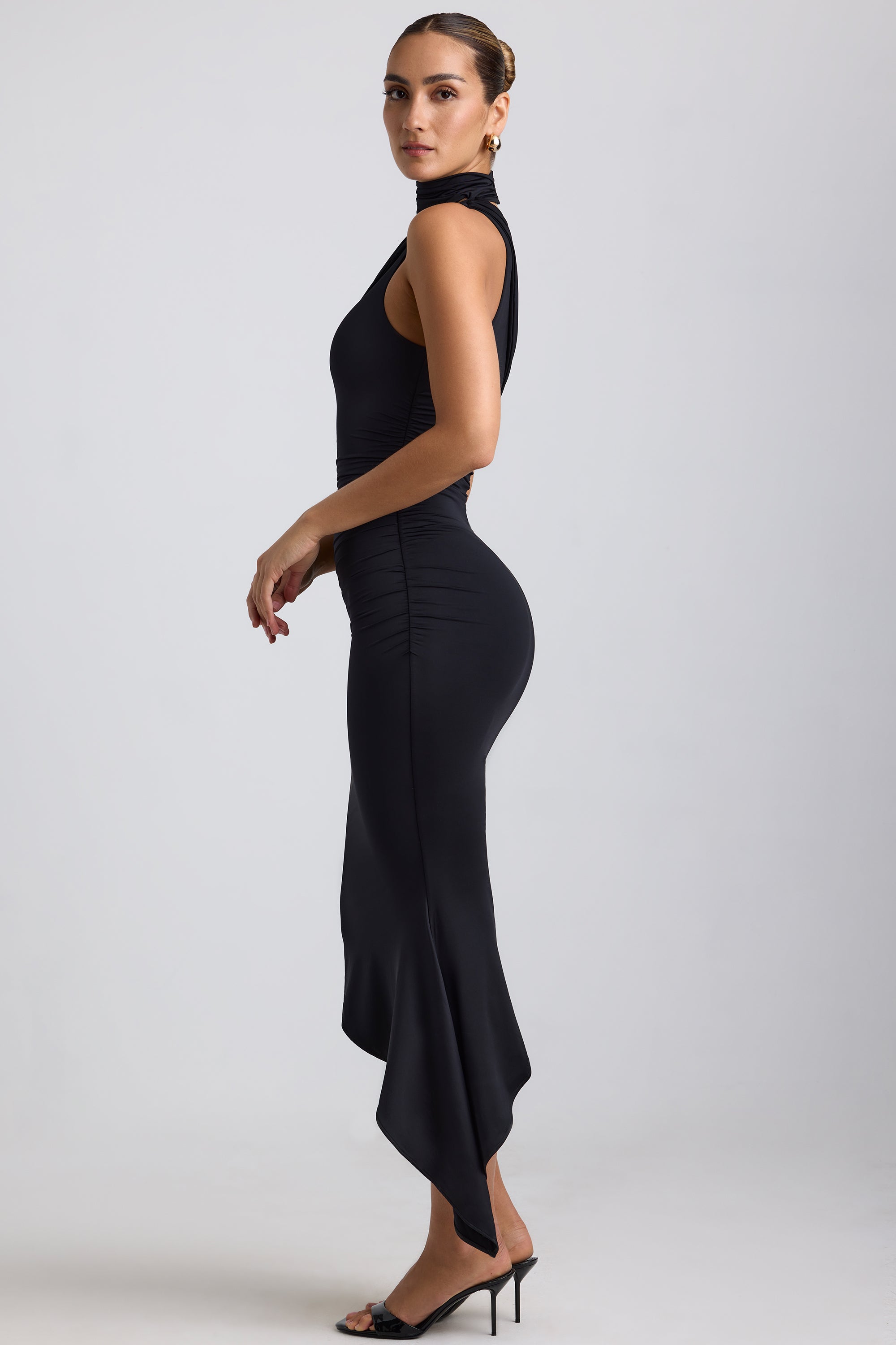 Slinky Jersey Asymmetric Cowl-Neck Midaxi Dress in Black