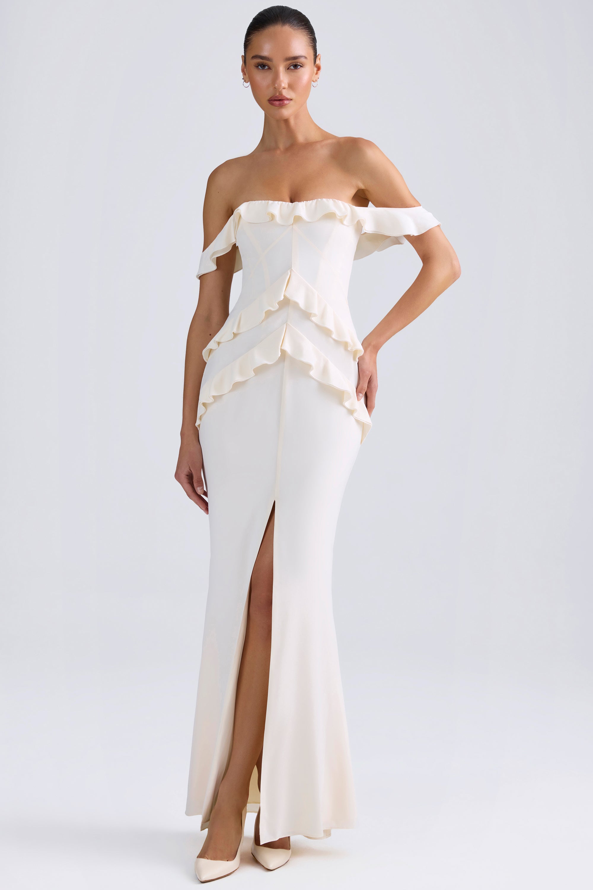 Off-Shoulder Ruffle-Trim Gown in Ivory