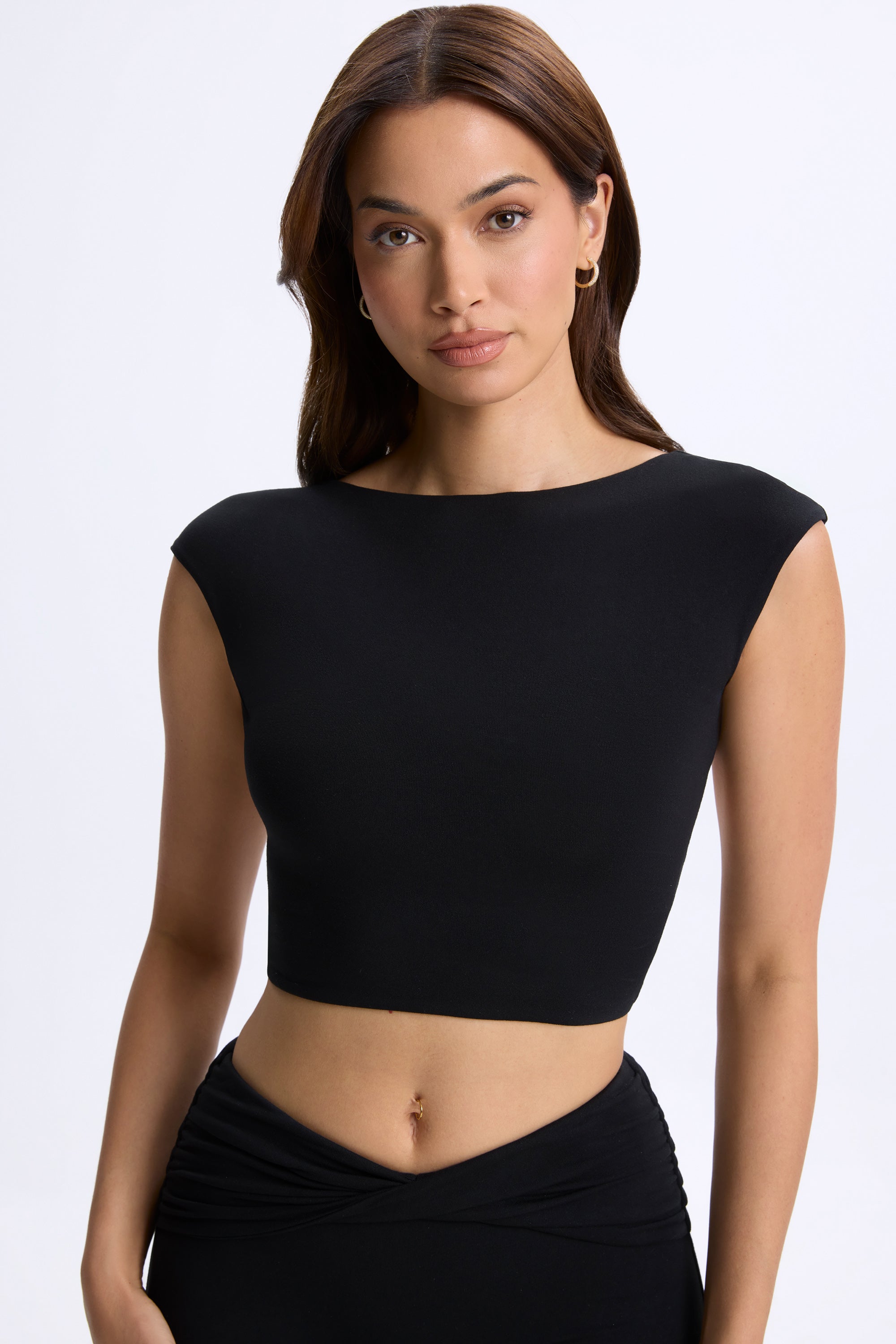 Cap-Sleeve Open-Back Crop Top in Black