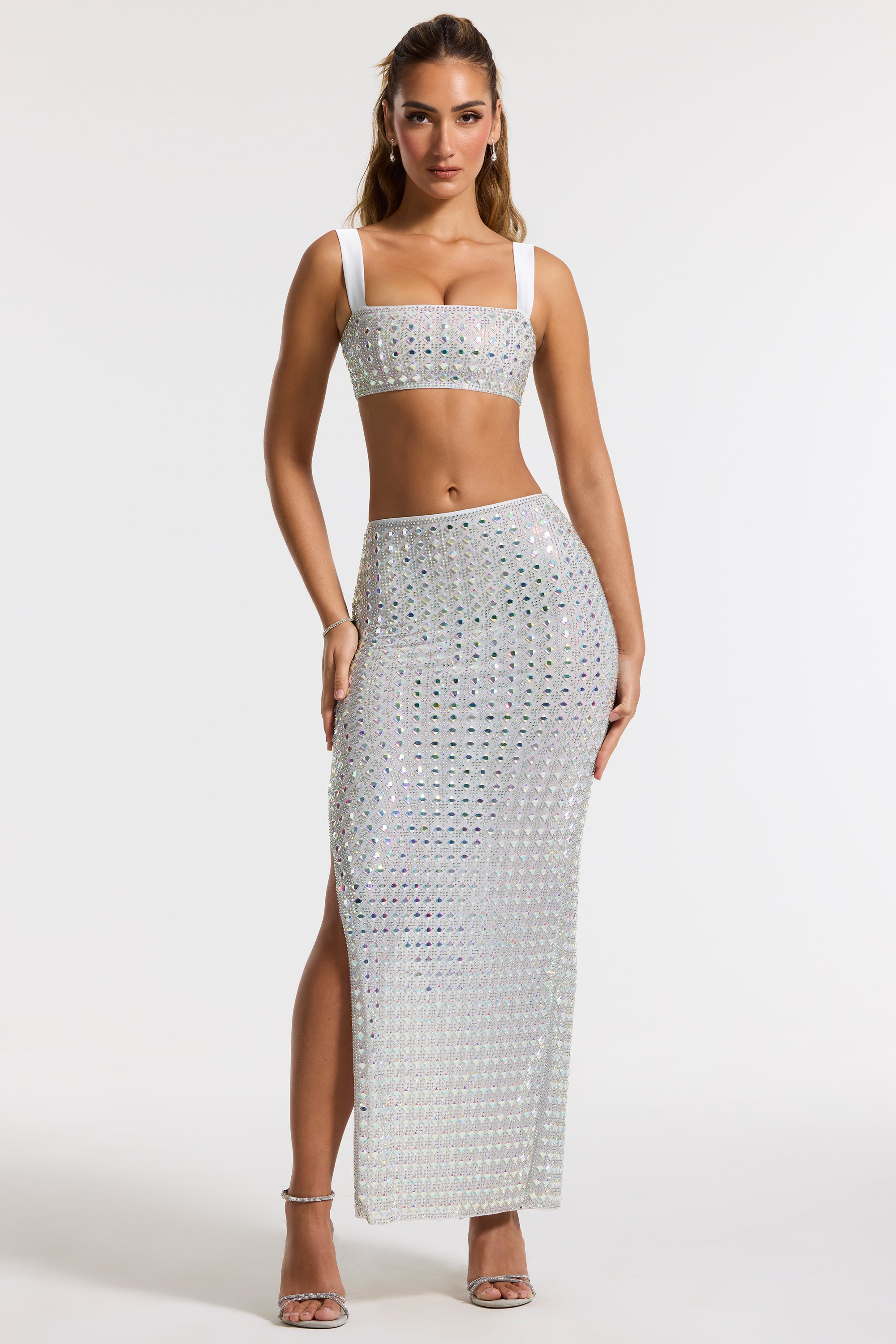 Embellished Square Neck Crop Top in Silver