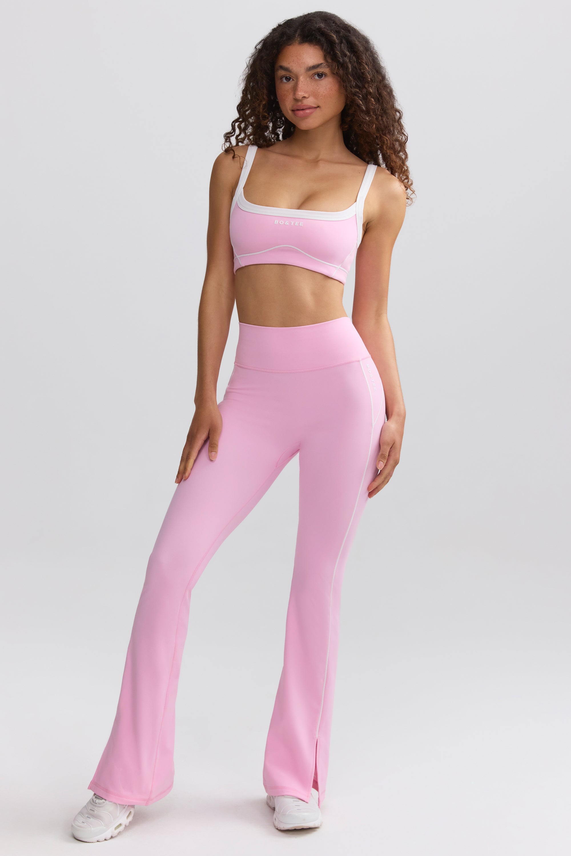 Soft Active Contrast-Trim Flared Trousers in Baby Pink