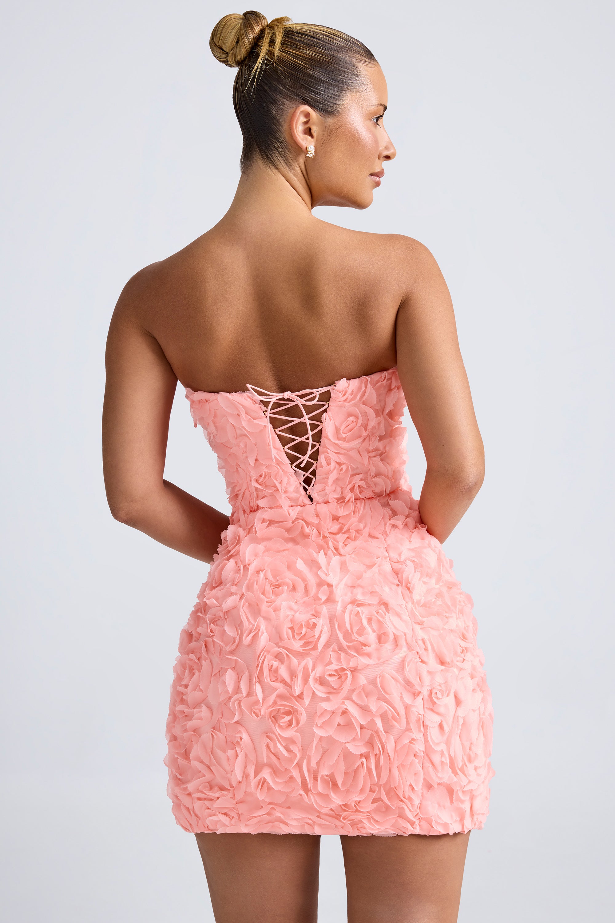 Floral-Appliqué Bandeau A-Line Mini Dress in Coral