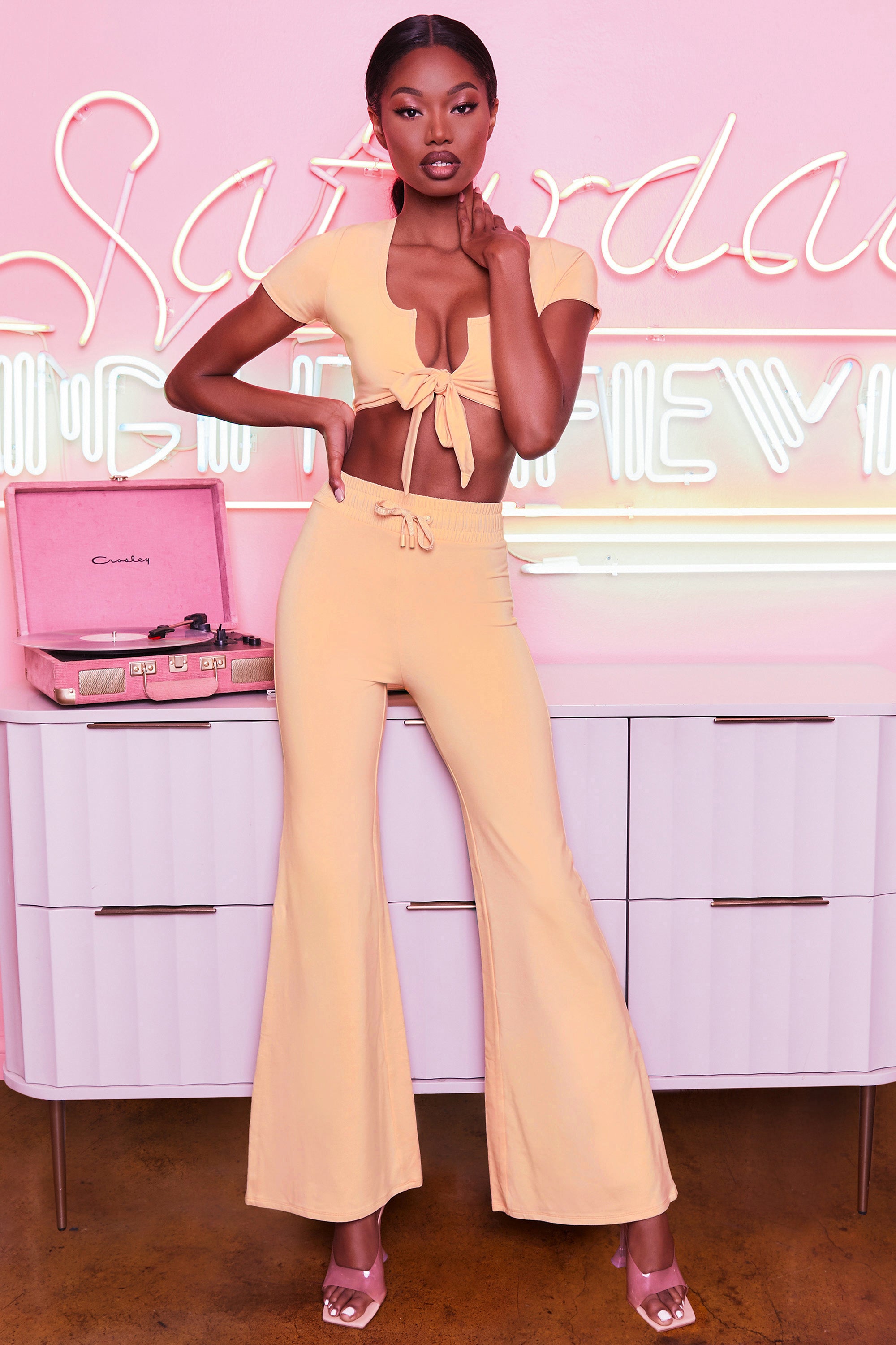 Laid Back Petite Wide Leg Trousers in Peach