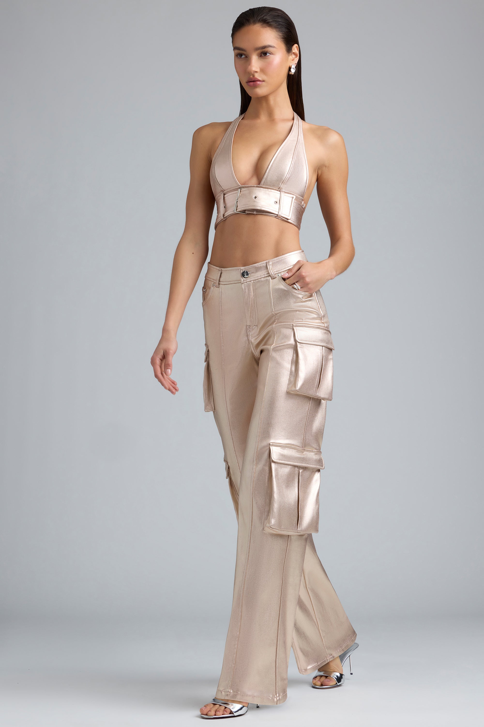 Metallic Denim Cargo Trousers in Champagne