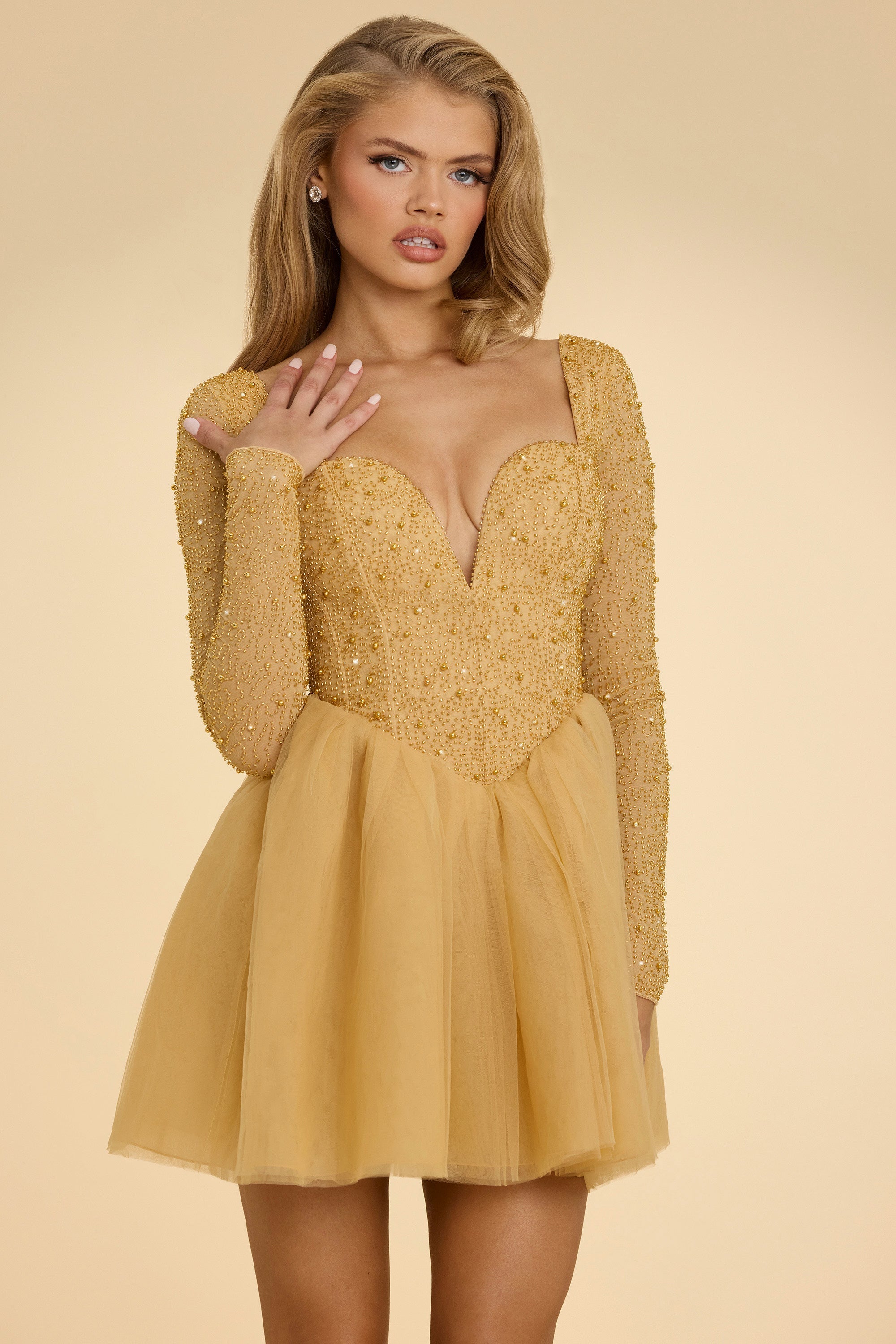 Plunge Neck Tulle Mini Dress in Gold