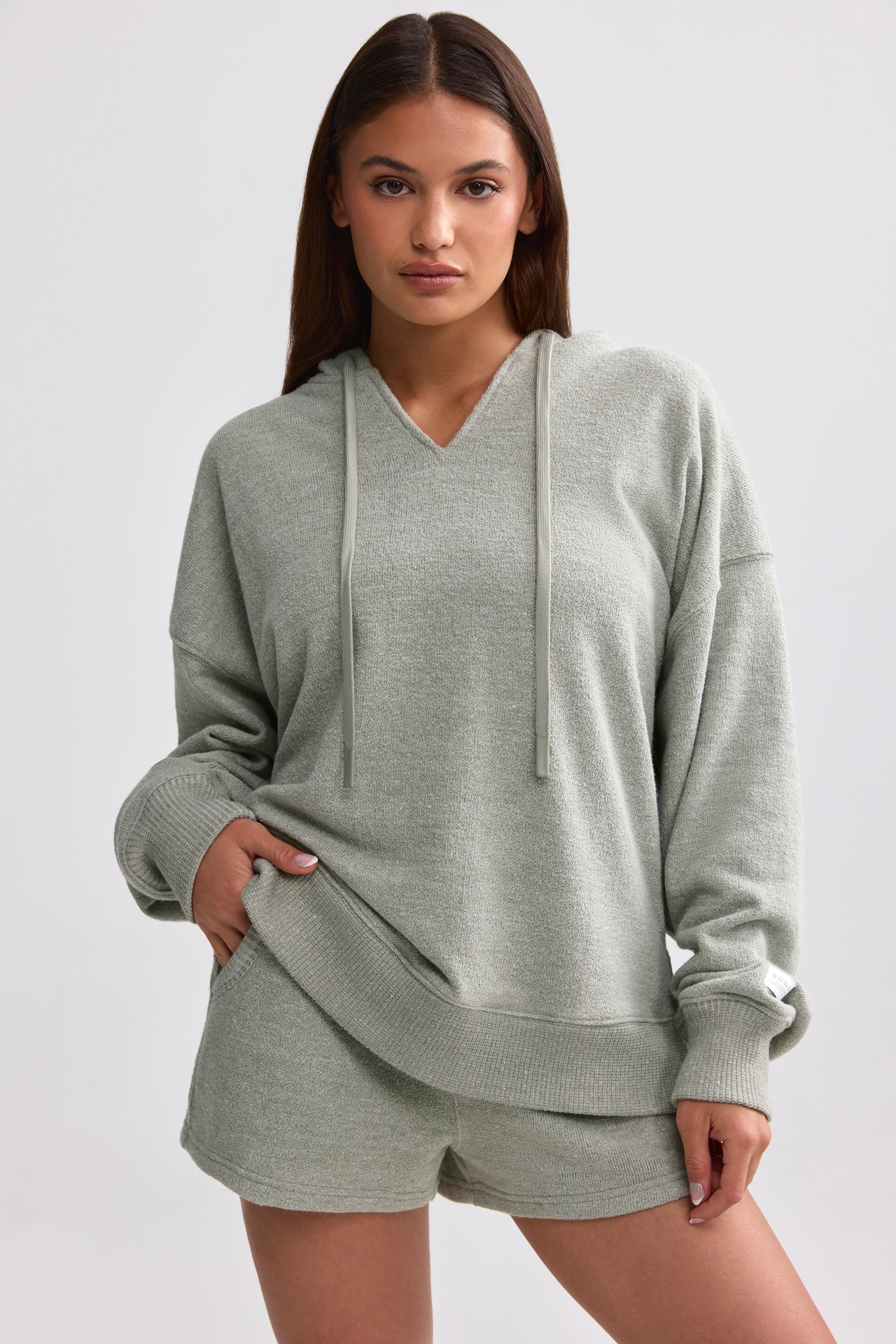 Terry Towelling V-Neck Hoodie in Sage Grey