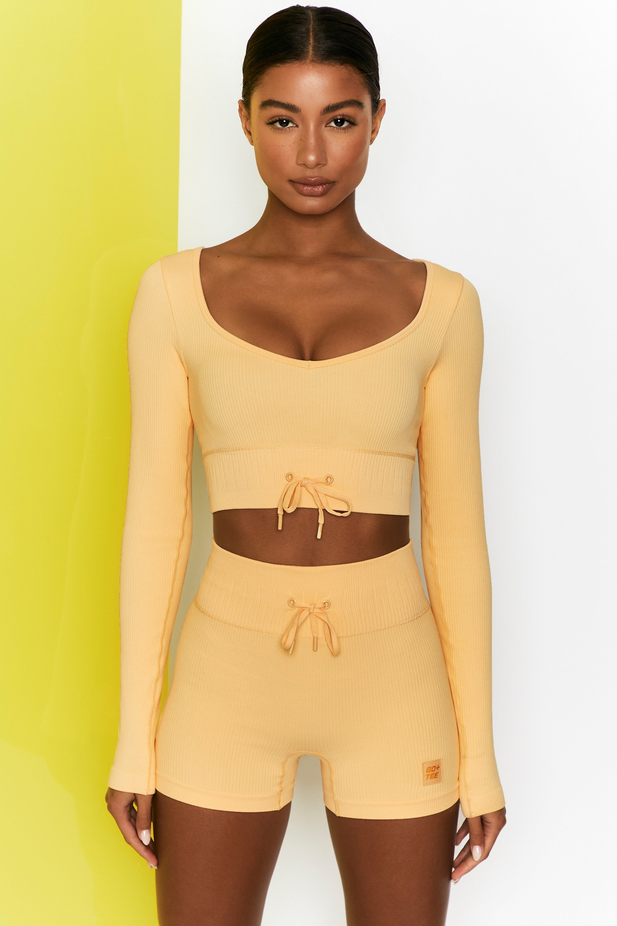 Time Check Ribbed Long Sleeve Crop Top in Yellow