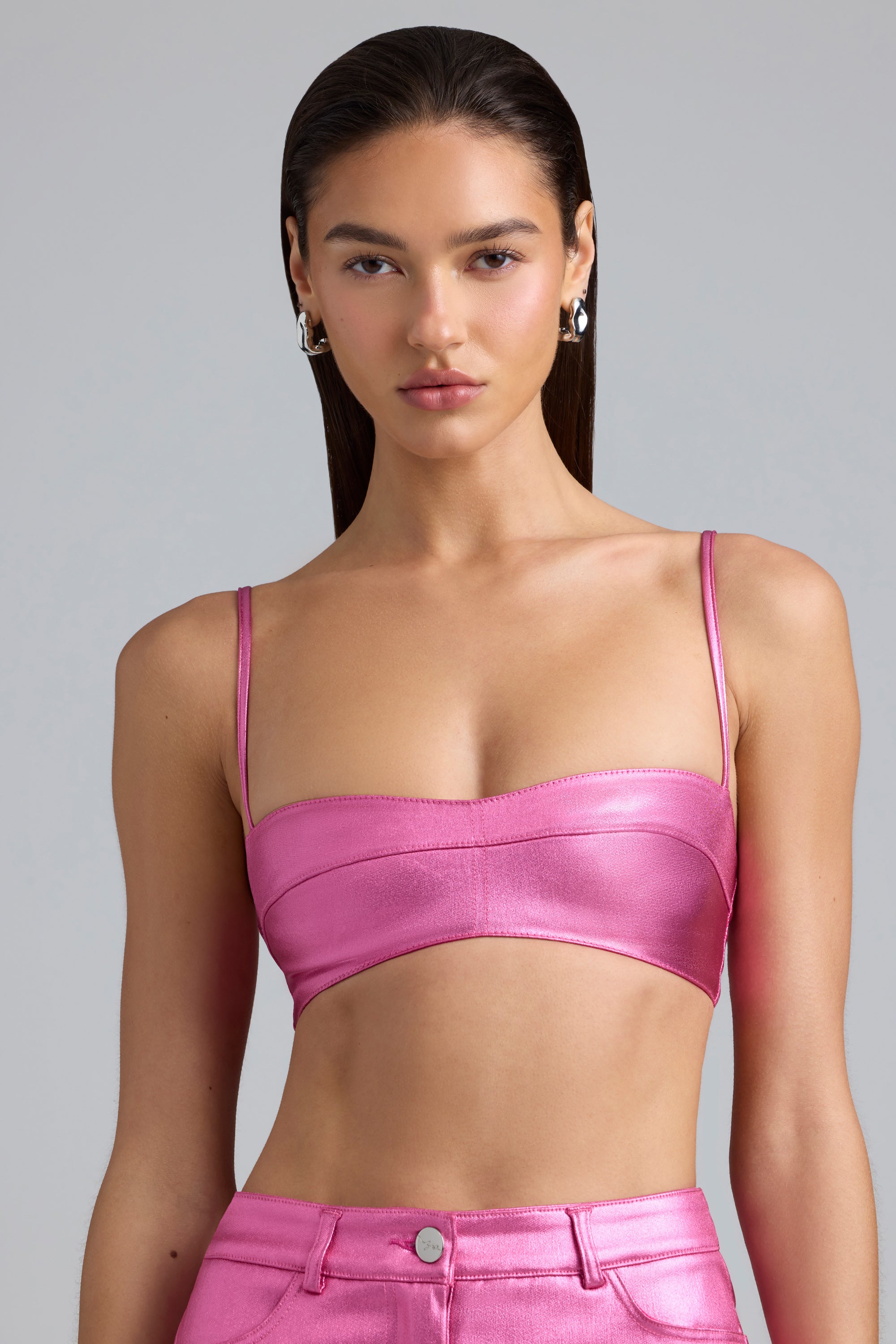 Metallic Denim Cropped Bralette in Deep Pink