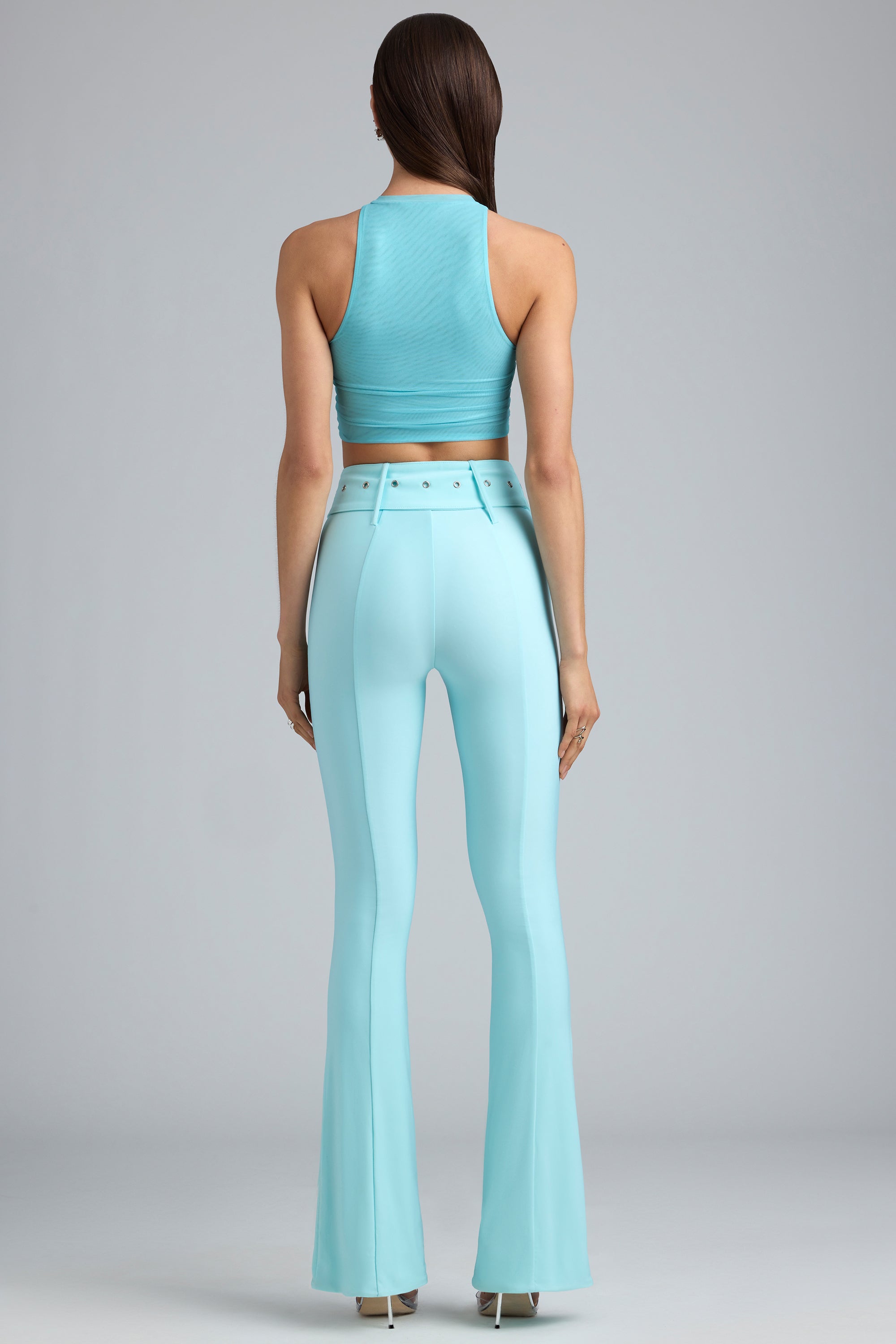 Petite Metallic Belted Mid-Rise Flared Trousers in Ice Blue