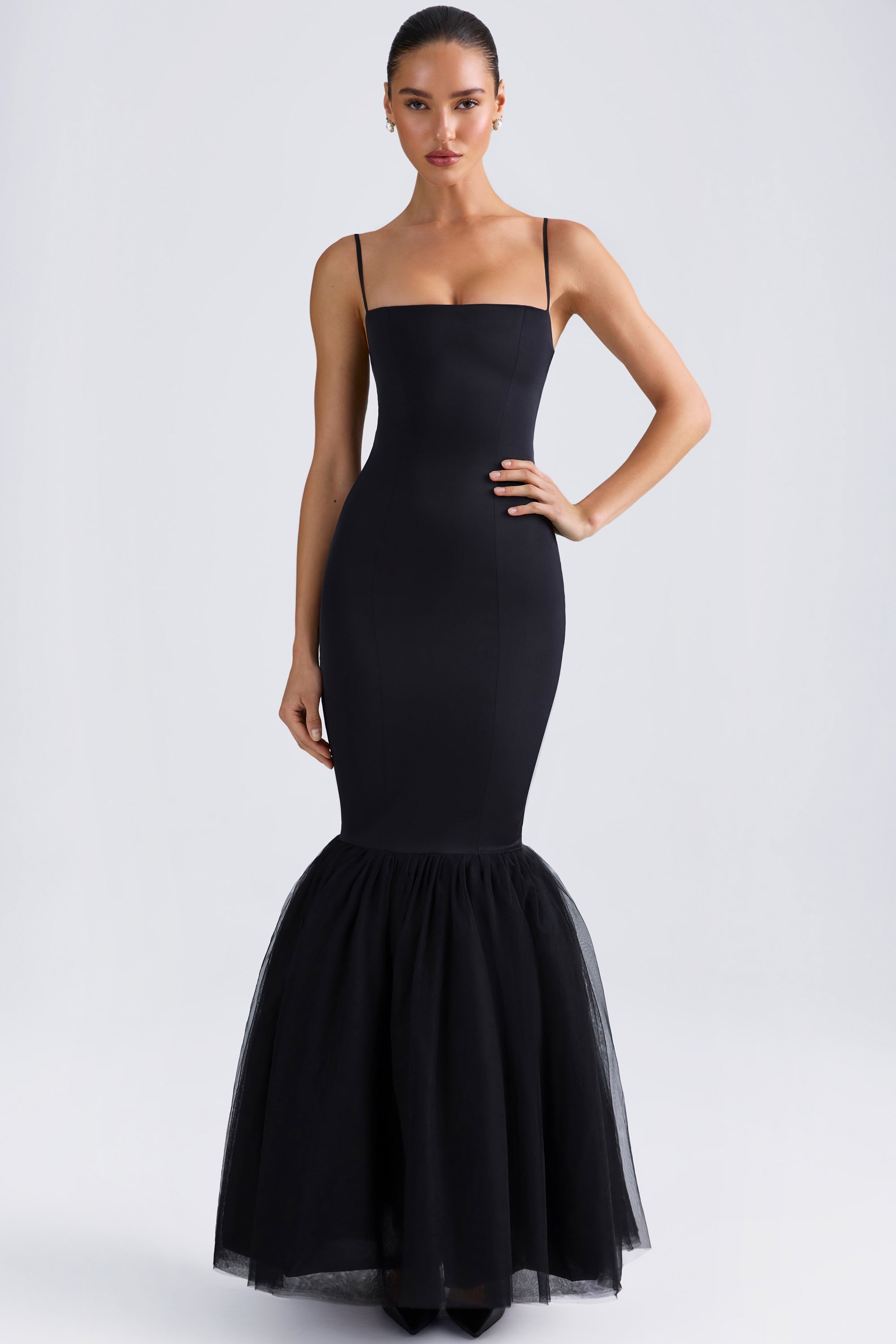 Tulle Hem Fishtail Gown in Black