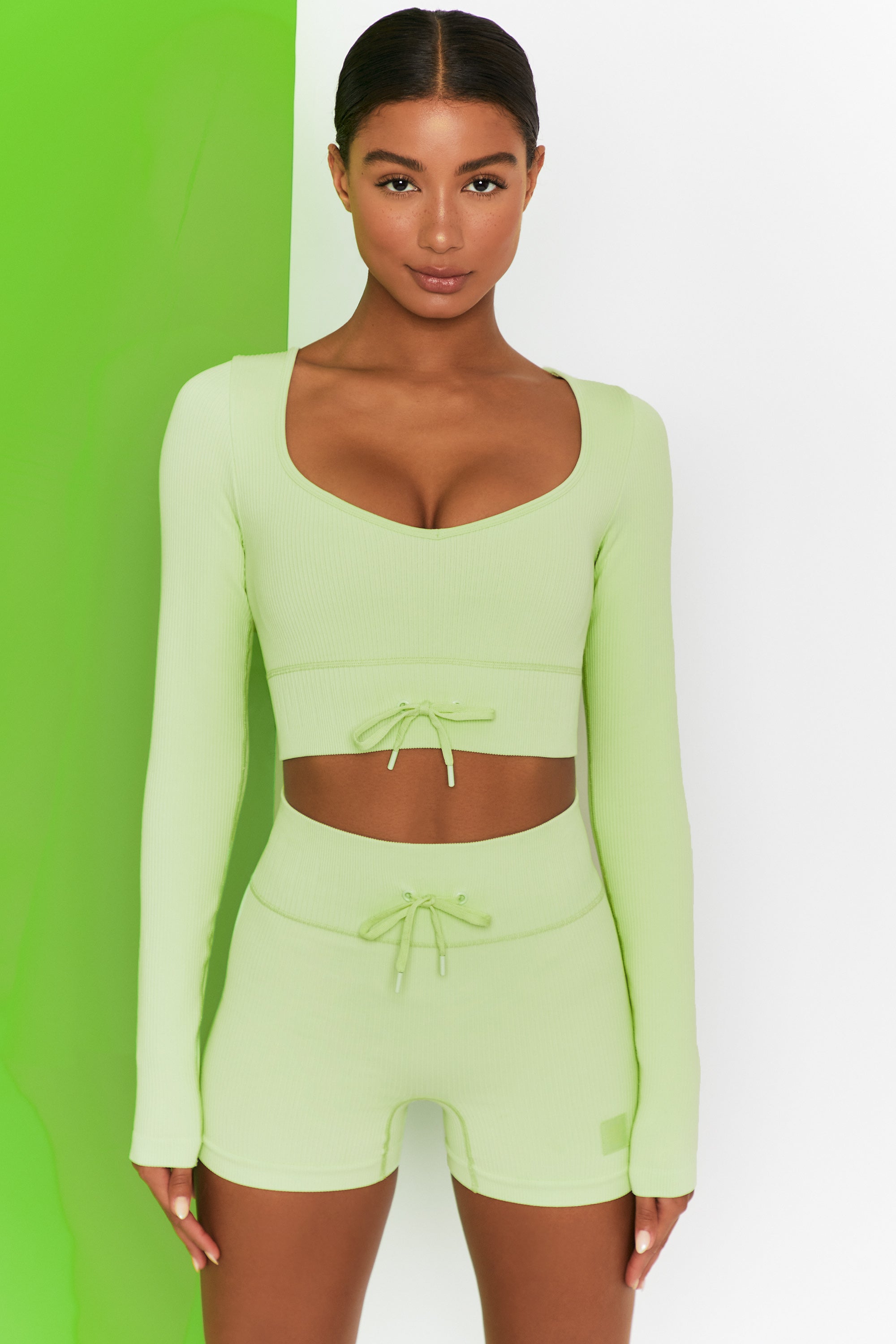 Time Check Ribbed Long Sleeve Crop Top in Lime