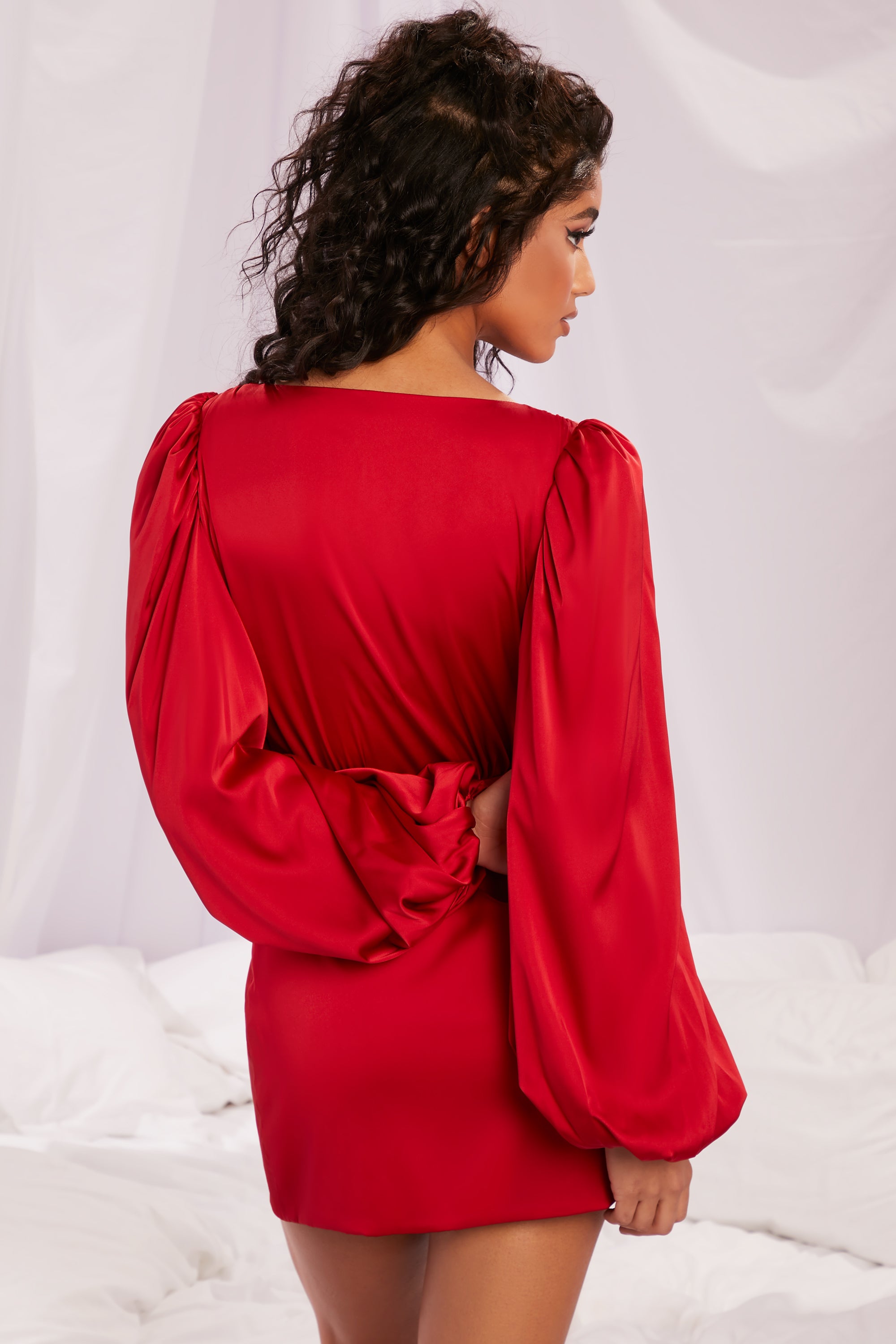 Satin Balloon Sleeve Robe in Red