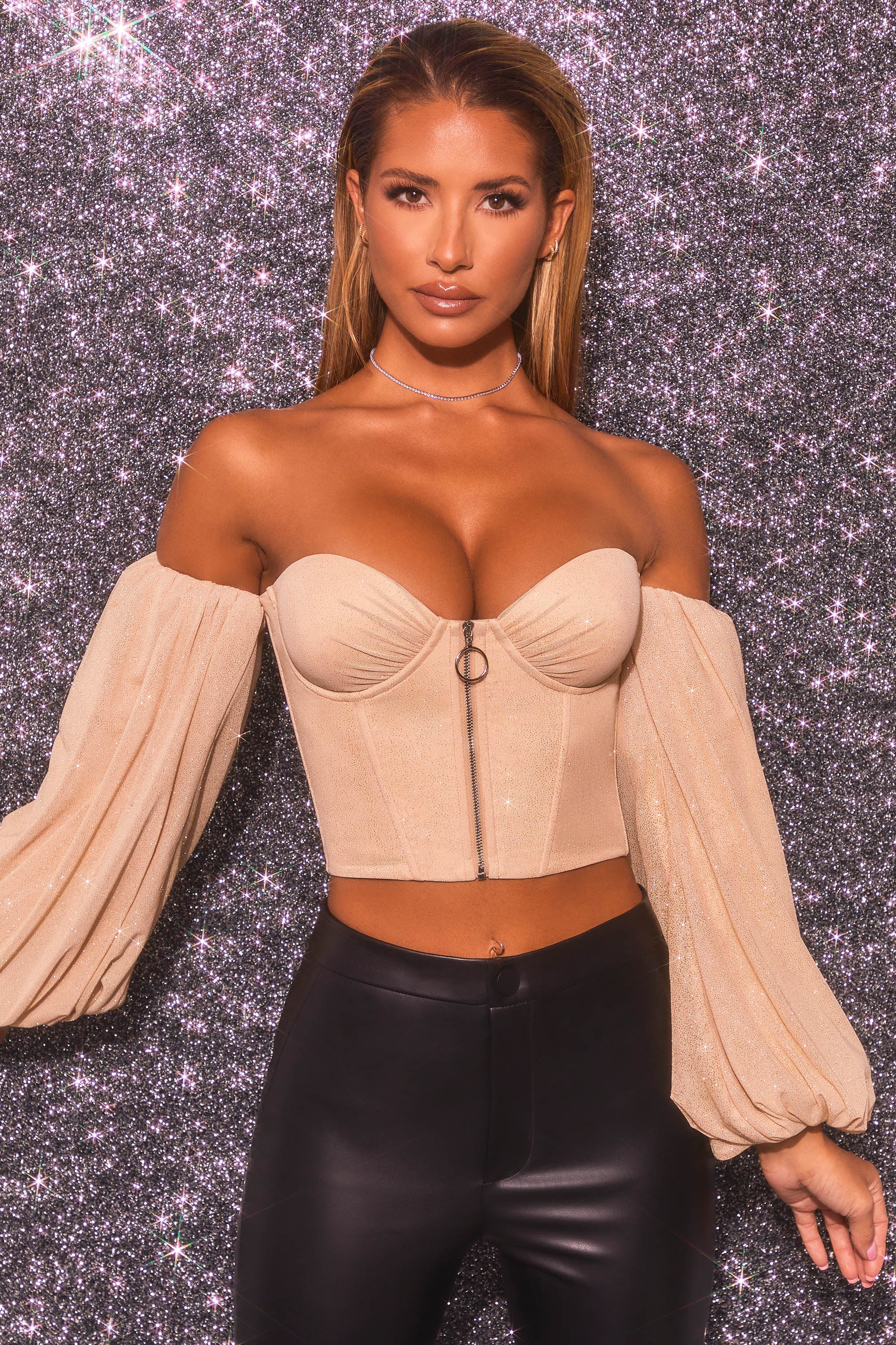 Keep On Shining Bardot Puff Sleeve Crop Top in Gold