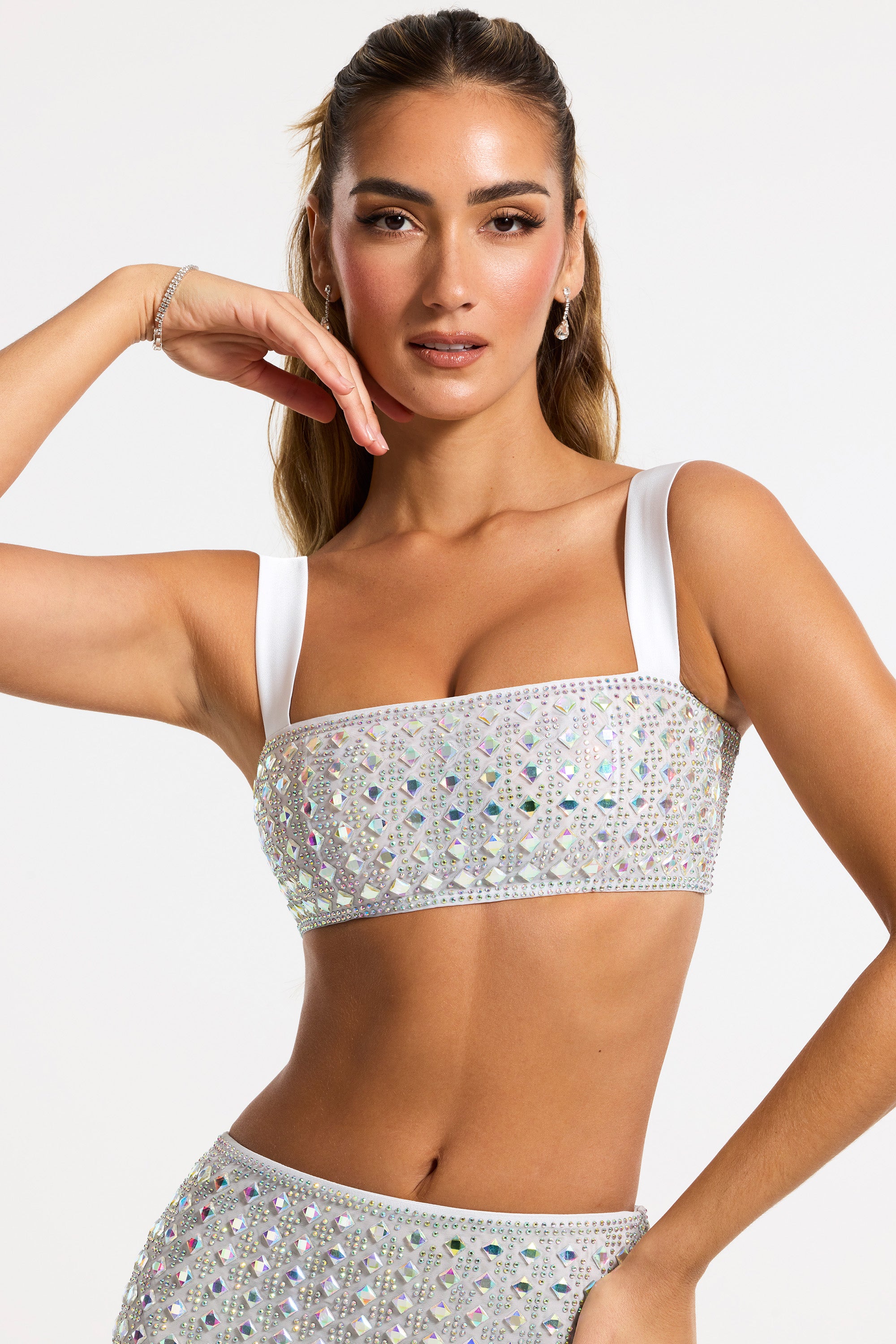 Embellished Square Neck Crop Top in Silver