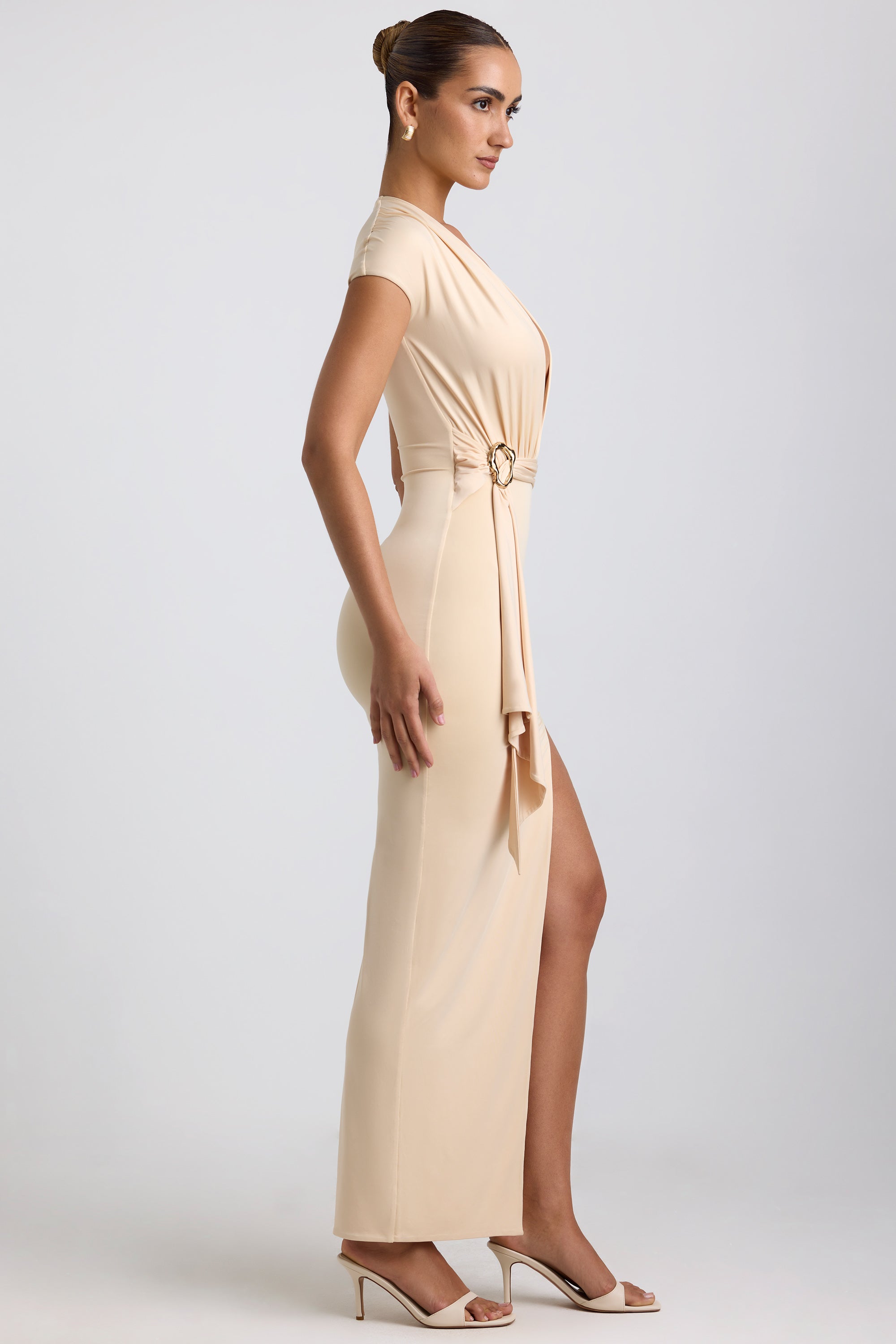 Slinky Jersey Plunge Hardware Detail Maxi Dress in Buttercream