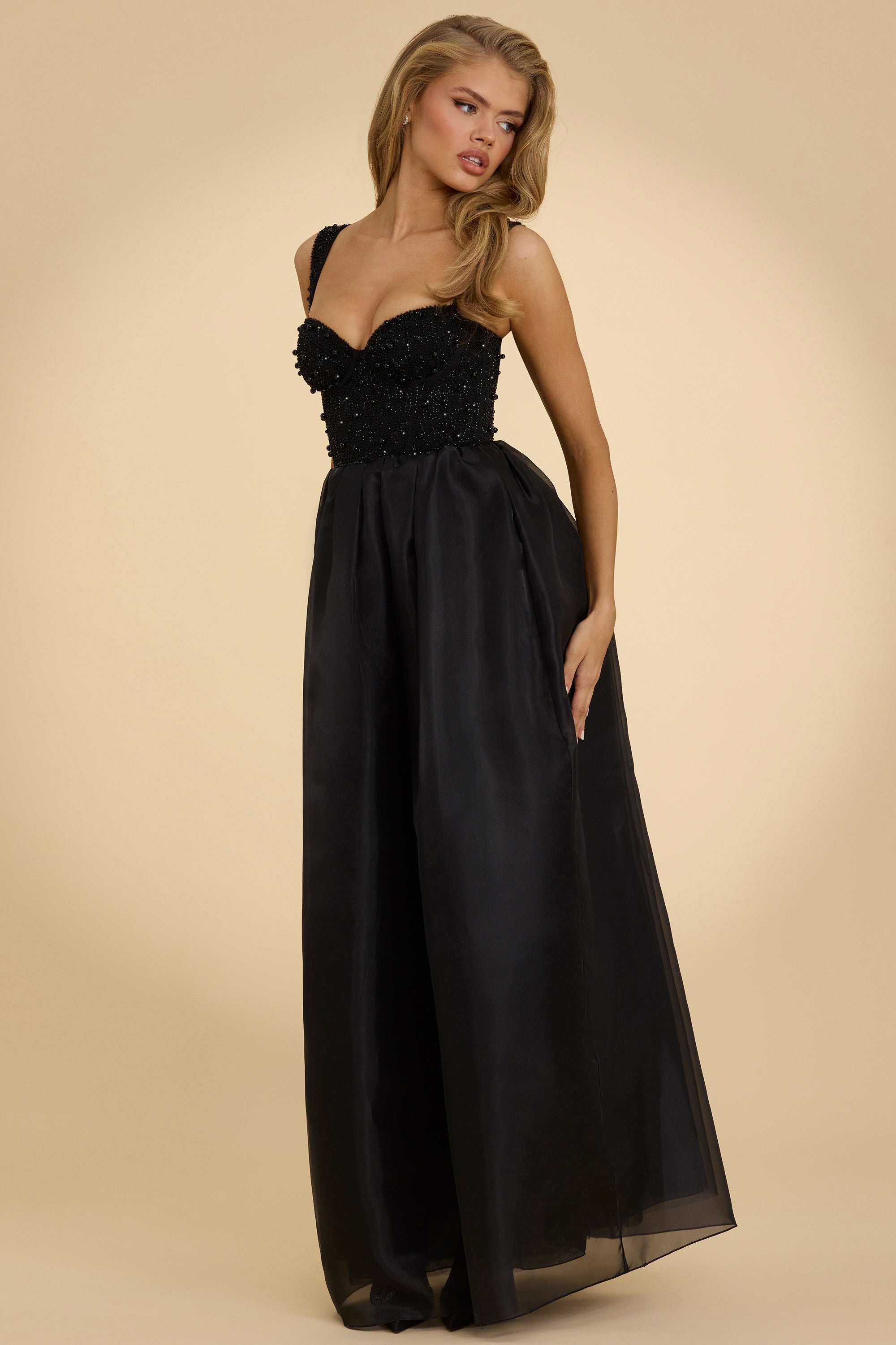 Corset Organza Maxi Dress in Black