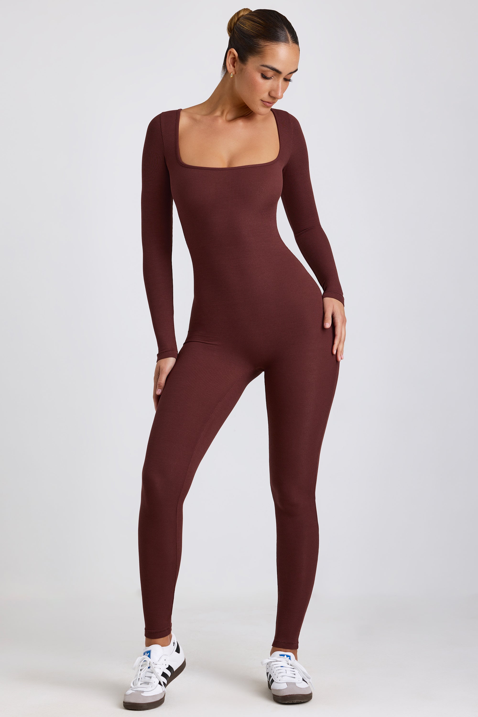 Petite Ribbed Modal Long Sleeve Jumpsuit in Espresso