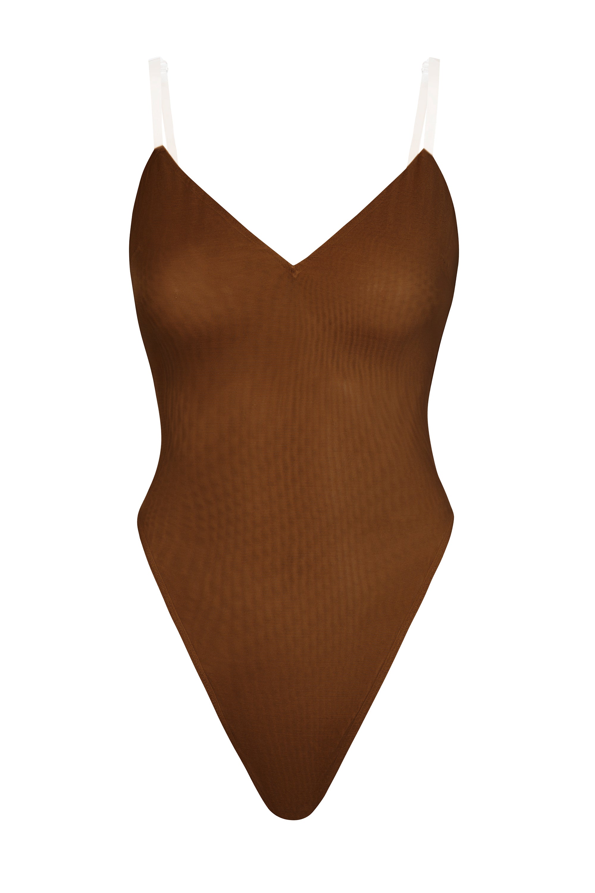 Soft Mesh V-Neck Bodysuit in Chestnut