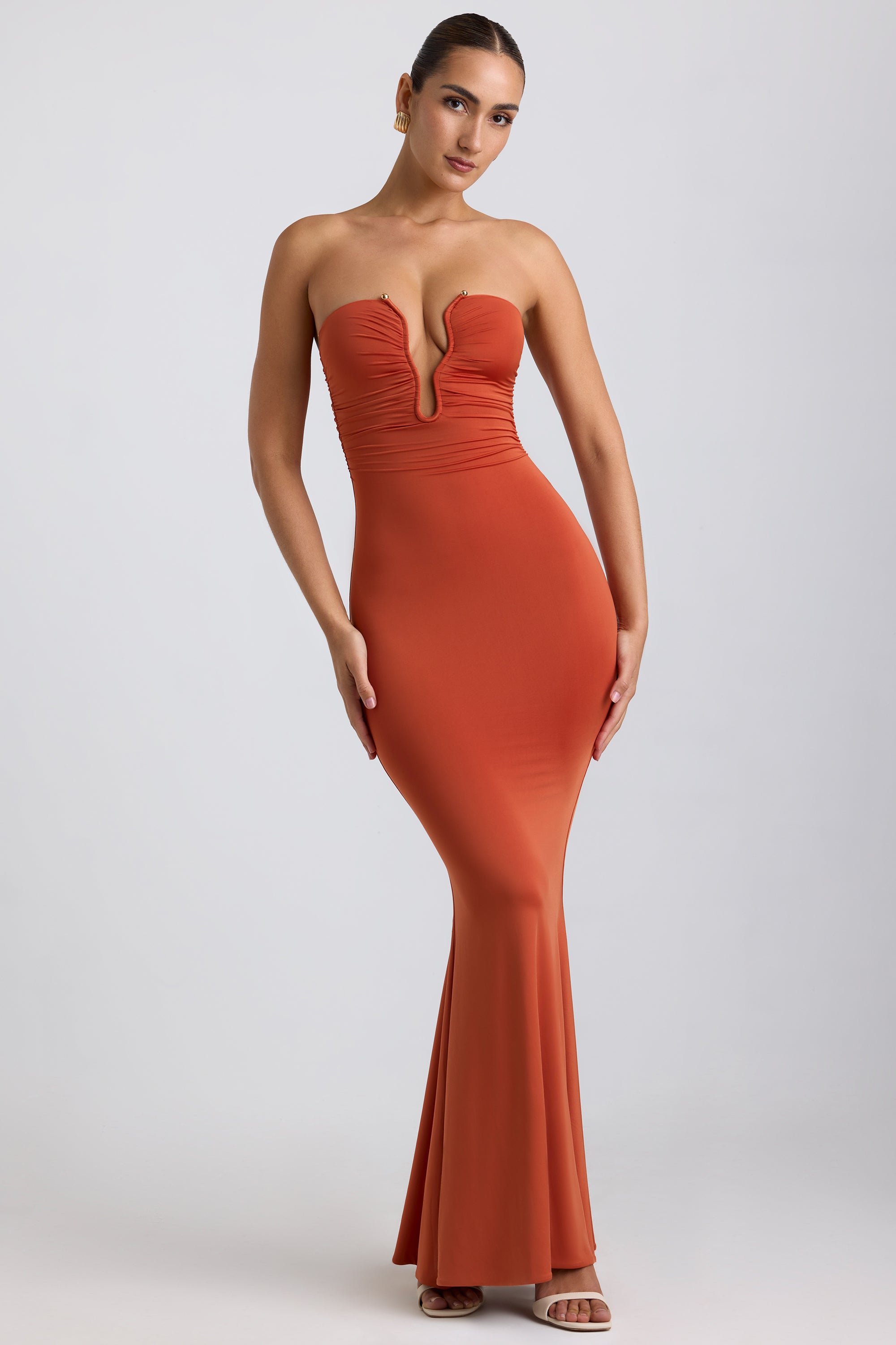 Slinky Jersey Hardware Detail Strapless Maxi Dress in Burnt Orange