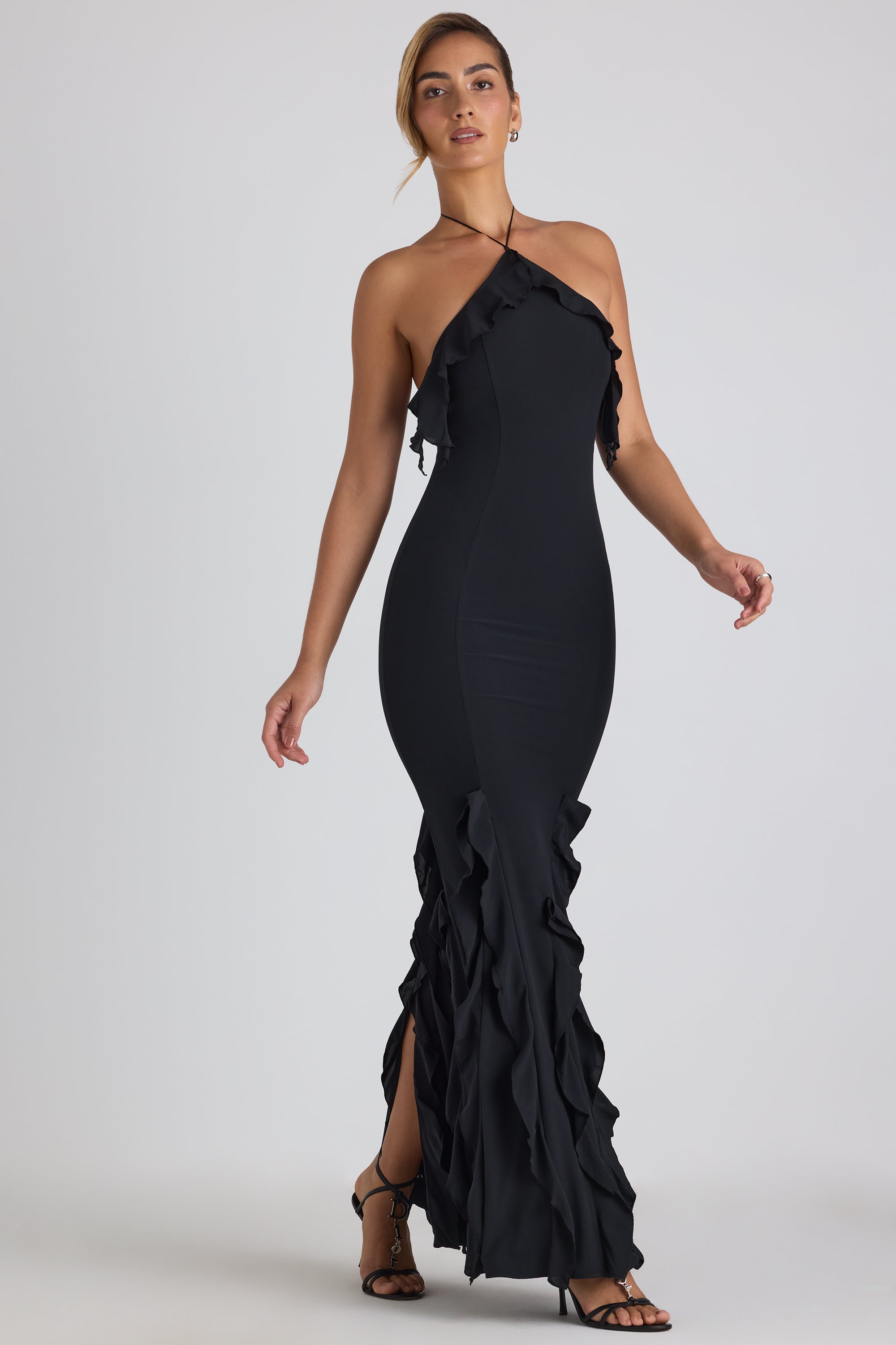 Ruffle-Trim Halterneck Gown in Black