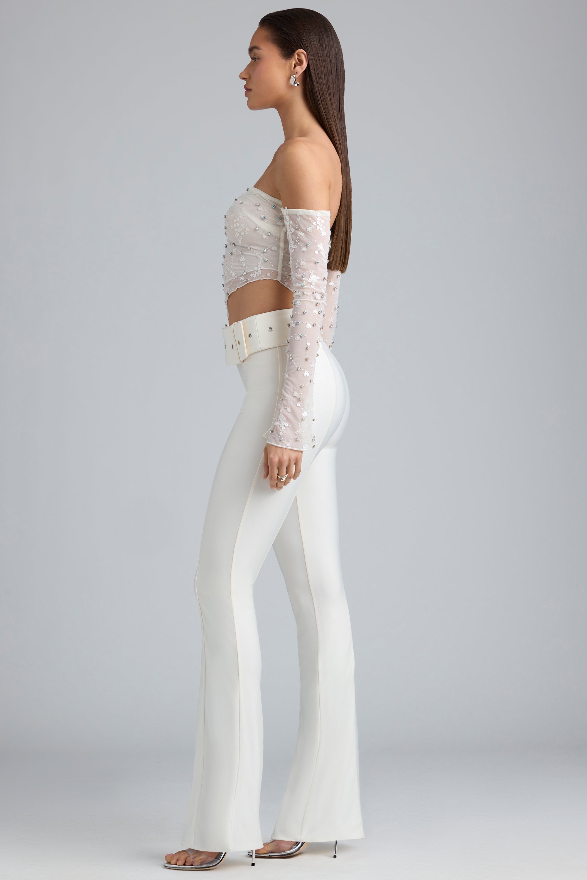 Petite Metallic Belted Mid-Rise Flared Trousers in Ivory