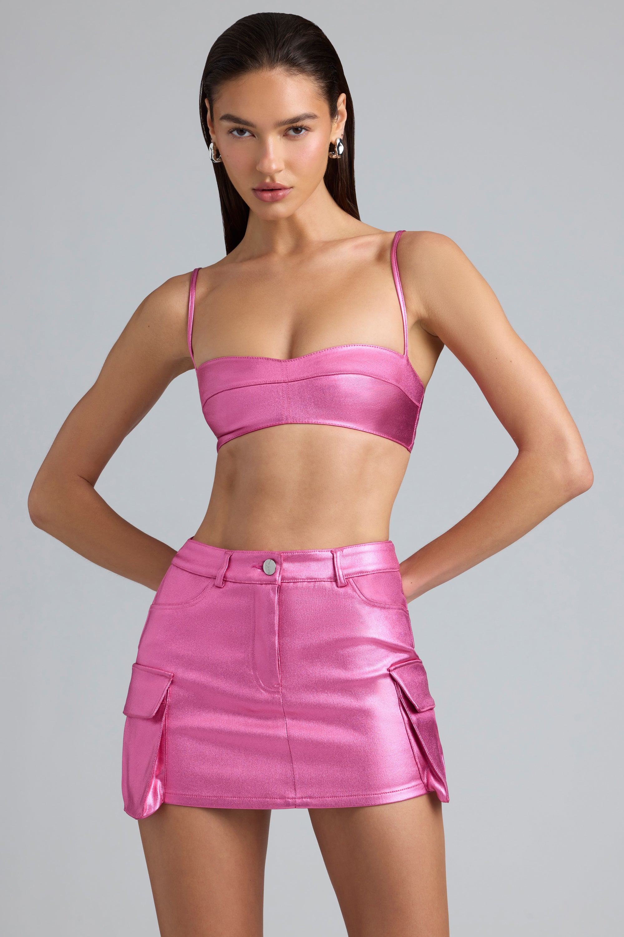 Metallic Denim Mid-Rise Cargo Skirt in Deep Pink