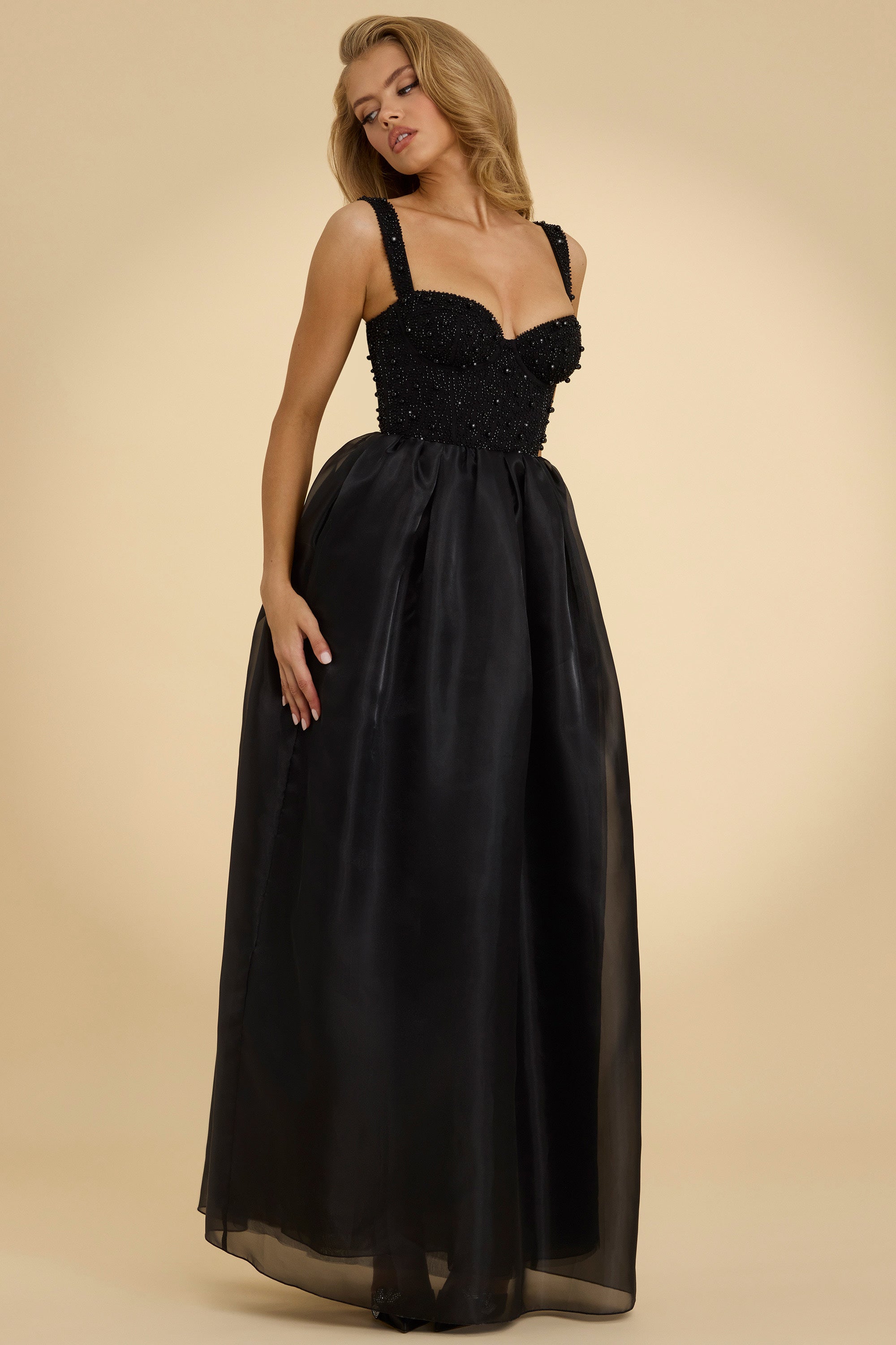 Corset Organza Maxi Dress in Black