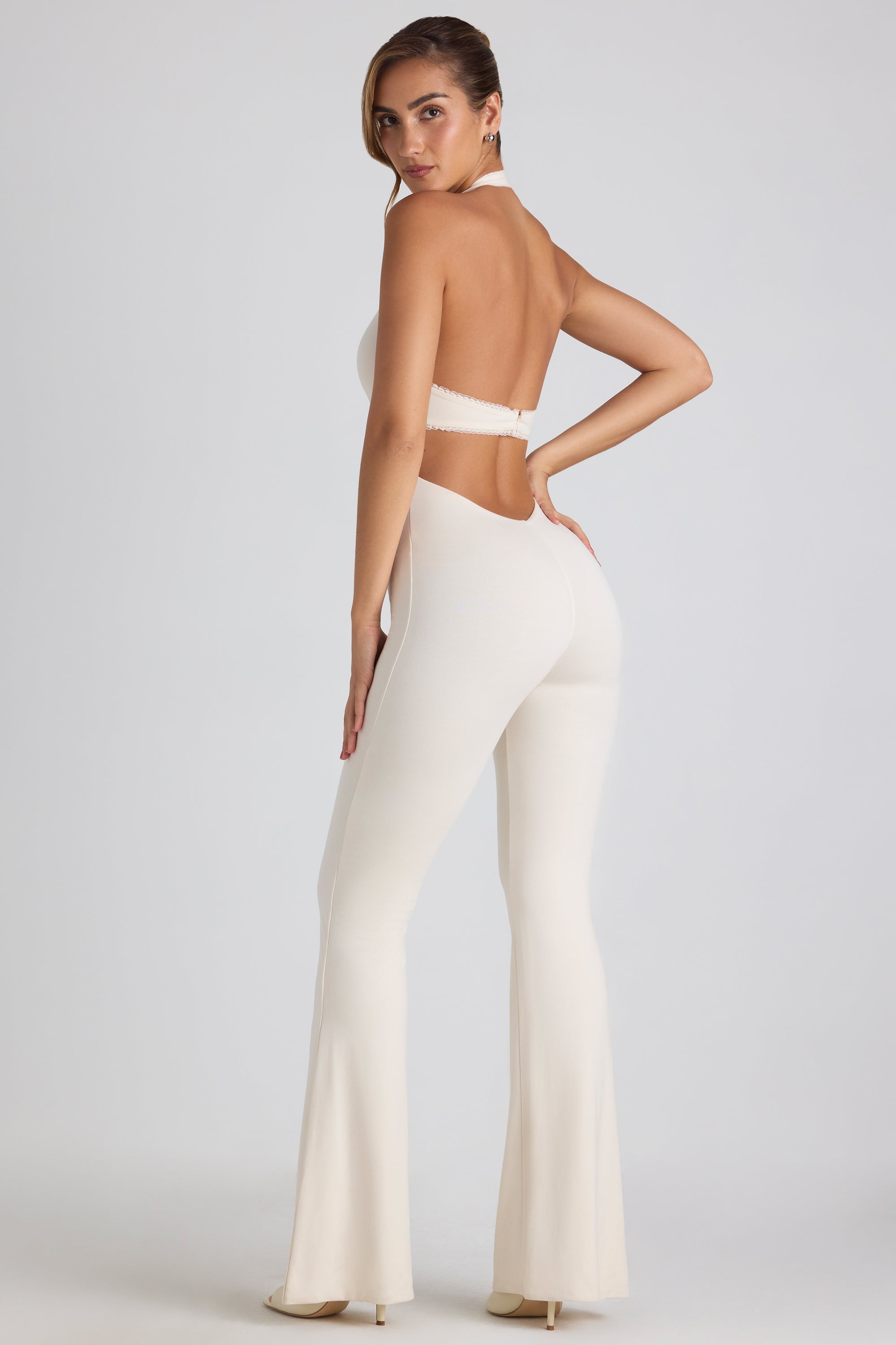 Modal Lace-Trim Cut-Out Flared Jumpsuit in Ivory